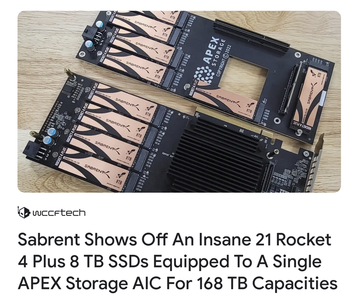 Sabrent shows off an insane 21 Rocket 4 Plus 8 TB SSDs equipped to a single apex storage aic for 168TB capacities.