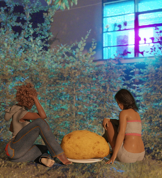 Two black girls sitting with a giant potato on a plate.