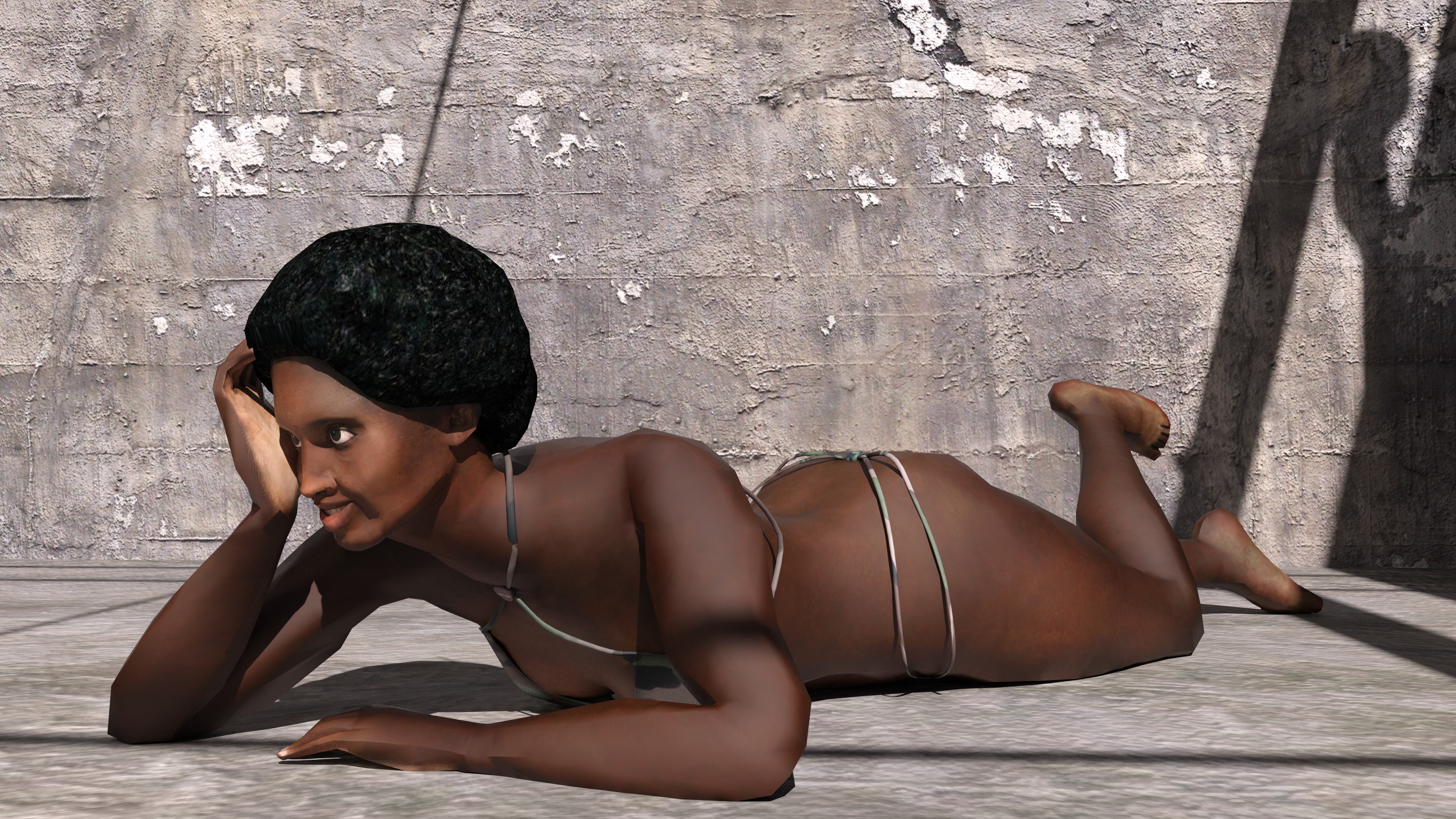 Low Resolution Black girl in bikini in front of wall.